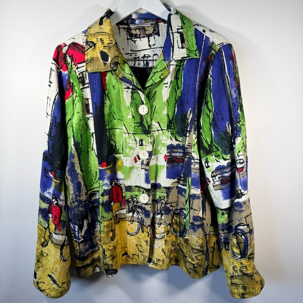 Michael Leu Art Print Jacket Women’s Large Colorful Painterly Scene Button Front